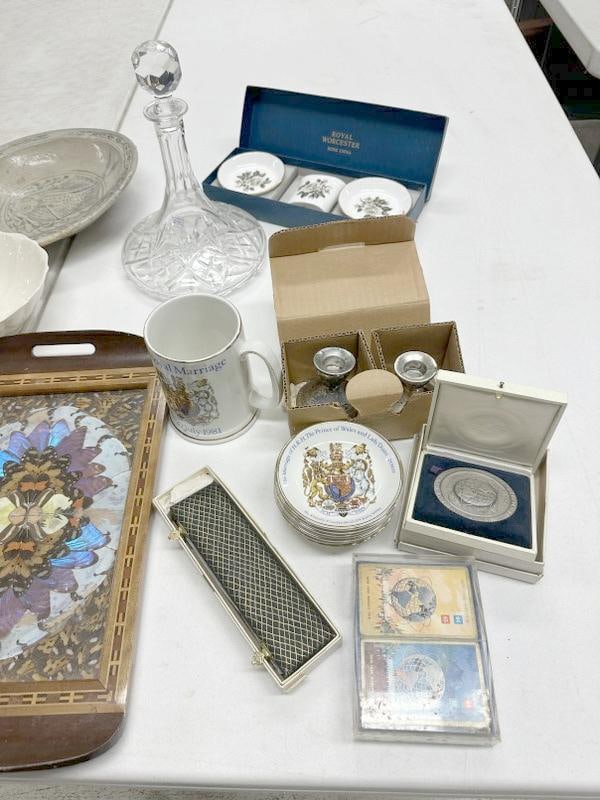Misc. estate lot of porcelains, ceramics, glass, Mid Century wood bowls, figures, etc. From local (1 of 13)