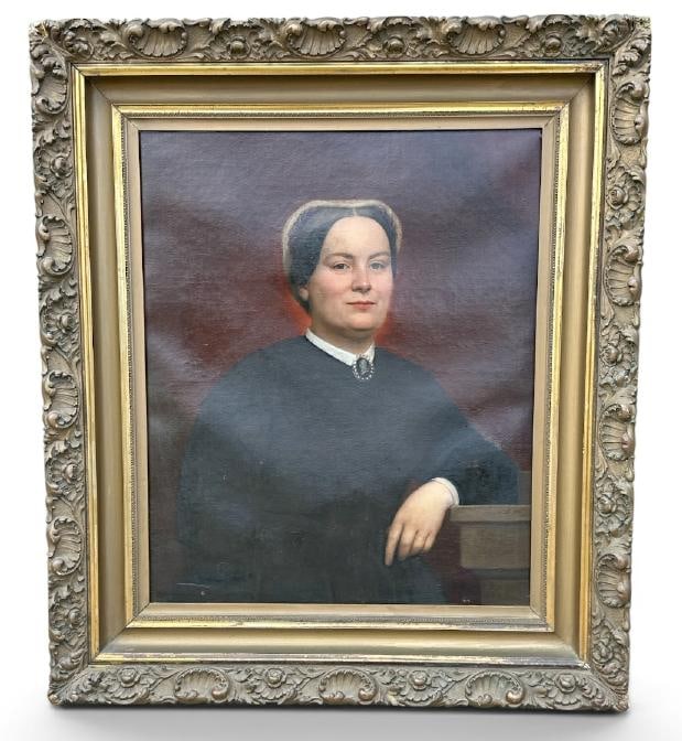 19th c o/c portrait of Woman with brooch on collar, unsigned, in frame of the period, old patch (1 of 3)