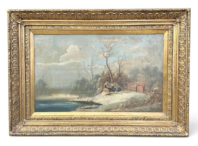 Fabulous 19th c American School large o/c Winter landscape with house in background, people by the (1 of 1)