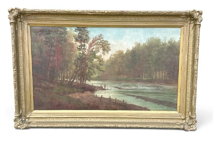 Nice large o/c landscape with Men fishing, signed ( HULETT ), nice overall condition, in frame of (1 of 3)