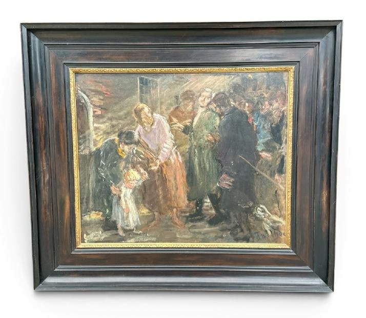 Fritz Von Uhde ( 1848-1911 ) impressionist o/b of group of people and two Women tending to child.: Fritz Von Uhde ( 1848-1911 ) impressionist o/b of group of people and two Women tending to child. Signed lower right, in wonderful European frame, in fine condition, from Hudson Valley estate collecti