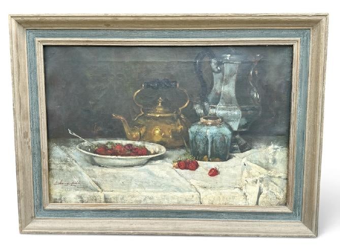 Elliot Dangerfield ( 1859-1932 ) signed o/c still life with strawberries: Wonderful Elliot Dangerfield 19th c still life with strawberries in bowl coffee & teapot on white table cloth, signed lower left. Nice overall condition, in later frame made by Kingston, N.Y. Artist a