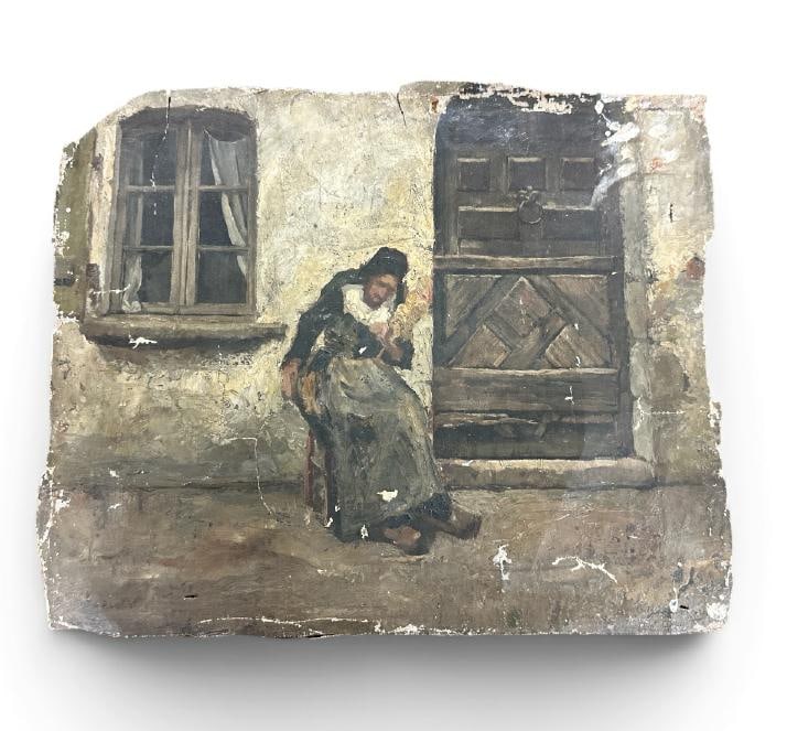 Edgar Melville Ward ( 1839-1915 ) loose o/c impressionist street scene with Woman seated outside (1 of 1)