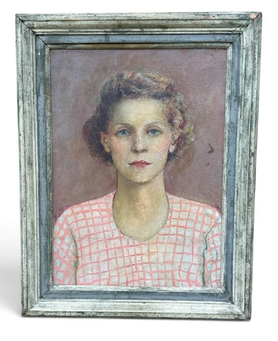 Franklin Zelle Heuston ( 1880-1966 ) wonderful o/b portrait of Woman in checkered dress, dated 1946,: Franklin Zelle Heuston ( 1880-1966 ) wonderful o/b portrait of Woman in checkered dress, dated 1946, signed top left and dated, painting measures 18.5" x 13.5", the frame measures 23" x 18". In a fram