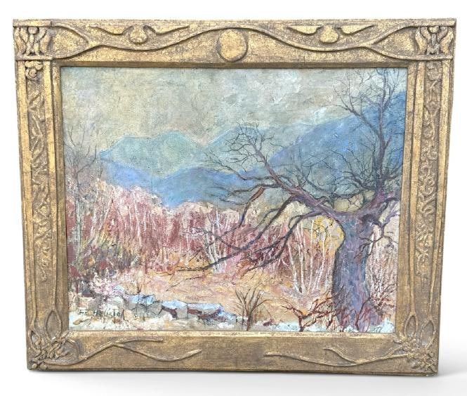 Franklin Zelle Heuston ( 1880-1966 ) o/b impressionist landscape in period carved frame, signed and: Franklin Zelle Heuston ( 1880-1966 ) o/b impressionist landscape in period carved frame, signed and dated 1946. Painting measures 16.5" x 20.5", the frame measures 22" x 25", all his paintings come fr