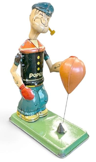 1930's J. CHEIN tin lithograph wind up POPEYE tin bag puncher, with key, works as we tried it, did (1 of 1)