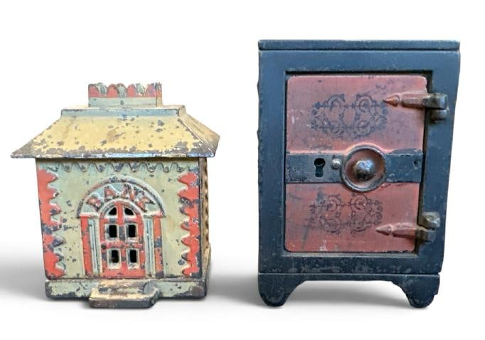 (2) cast iron toy banks including J STEVENS Bank Building and a safe?..both in nice overall (1 of 2)