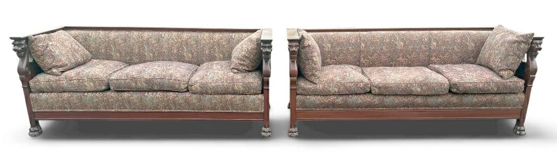 (2) wonderful circa 1900 mahogany claw foor sofas with lions heads on arms, and solid panel sides, (1 of 10)