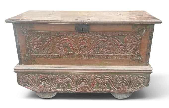 Early Indonesian merchant teak trade chest on wood wheels, retains some original paint, till intact (1 of 4)