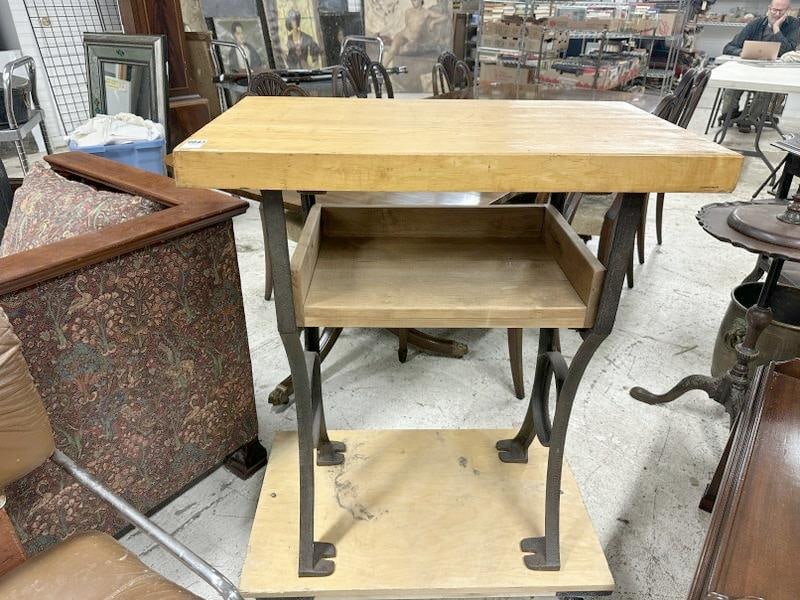 LEIMAN BROS. cast iron base Jewelers workbench, with thick maple top, structurally sound, measures (1 of 3)