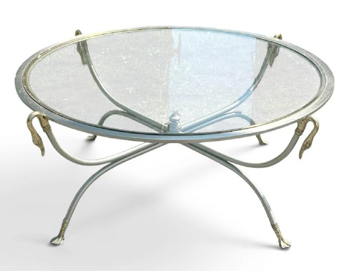 Decorative Hollywood Regency nickel and brass glass top coffee table with swan heads on sides, nice (1 of 1)