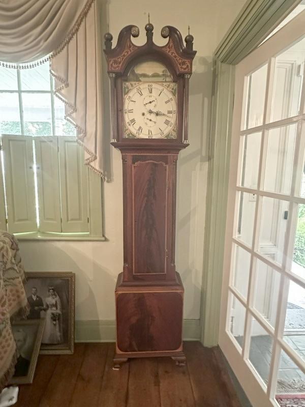 Early 19th c mahogany inlaid tall case clock with pendulum and weights intact, from fine home in the (1 of 7)