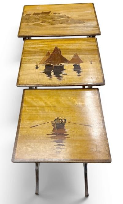 GALLE nest of (3) inlaid stands, graduated, inlaid tops, all (3) signed in inlay, from estate in: GALLE nest of (3) inlaid stands, graduated, inlaid tops, all (3) signed in inlay, from estate in Hudson Valley, to show scale the largest measures 27" high x 19" wide x 14.75" deep. Just as we found t