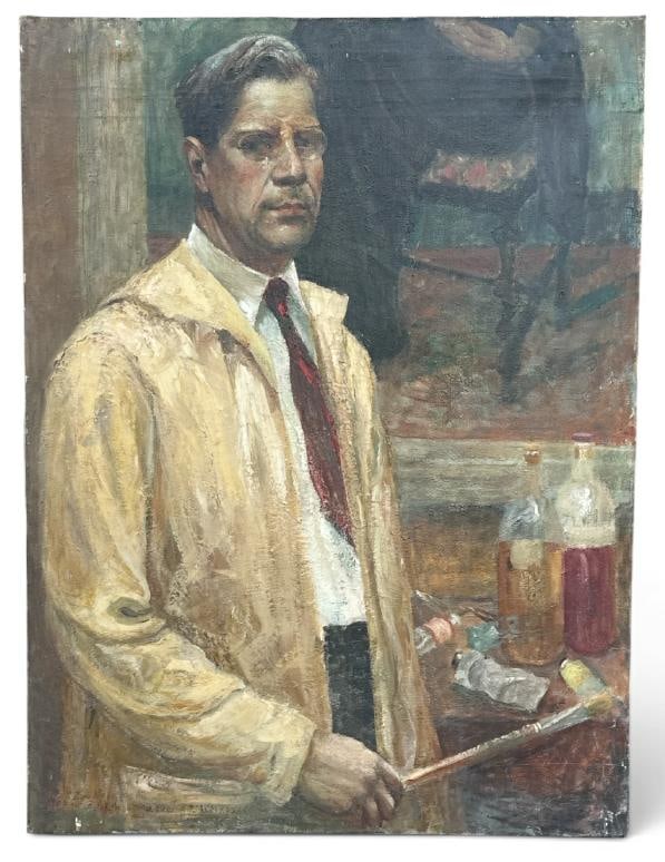 Franklin Zell Heuston (1880-1966 ) o/ self portrait of him painting, signed lower left and dated: Franklin Zell Heuston (1880-1966 ) o/ self portrait of him painting, signed lower left and dated 1939. Nice overall condition, painting measures 40" x 30". Directly from the Artist's estate, selling f