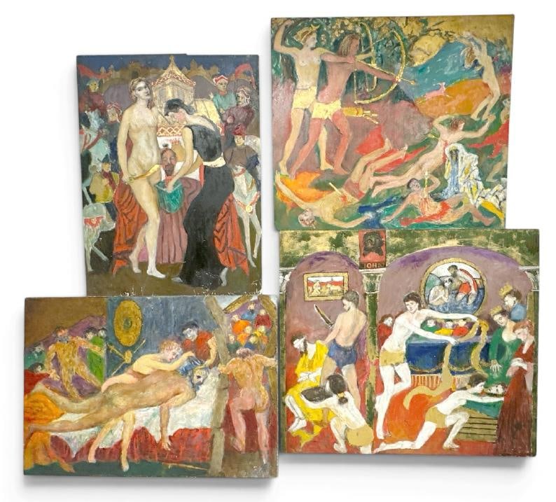 Franklin Zell Heuston ( 1880-1966 ) (4) large o/b illustration like scenes with figures, circa (1 of 5)