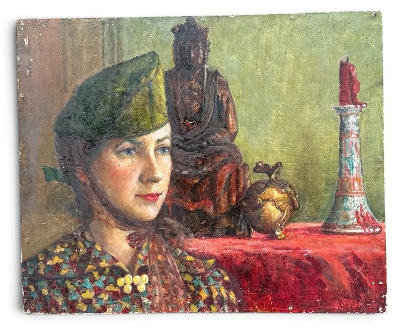 Franklin Zell Heuston ( 1880-1966 ) o/b portrait of Woman in green hat with objects on table behind: Franklin Zell Heuston ( 1880-1966 ) o/b portrait of Woman in green hat with objects on table behind her, signed and dated 1943 in lower left. Nice condition, directly from the Artist's estate archive,