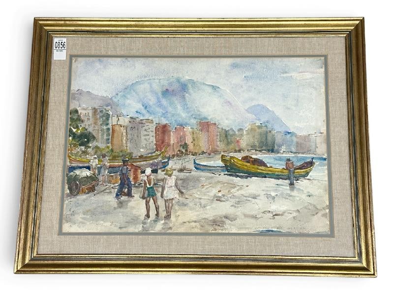 George Heuston (born 1906 ) watercolor titled ( COPOCABANA -RIO 1952 ), nicely framed and matted,: George Heuston (born 1906 ) watercolor titled ( COPOCABANA -RIO 1952 ), nicely framed and matted, Exhibition label on back as pictured. ( He is the Son of Franklin Zell Heuston ), and his works were i