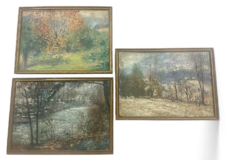 (3) o/b impressionist landscapes, unsigned, found in attic of Woodstock, N.Y. estate, in need of: (3) o/b impressionist landscapes, unsigned, found in attic of Woodstock, N.Y. estate, in need of cleaning, all measure the same. The paintings measure 10" x 14".