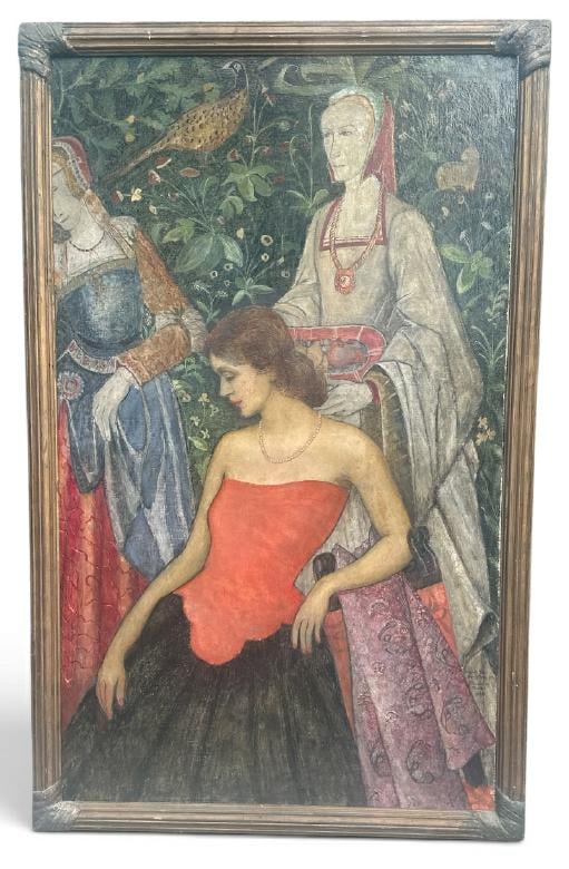 Franklin Zell Heuston ( 1880-1966 ) large o/b of three Women with birds and flowers in background,: Franklin Zell Heuston ( 1880-1966 ) large o/b of three Women with birds and flowers in background, dated 1948. ( Signed and dated lower right along with ( FLOWERS BY MARIE ) next to signature and date
