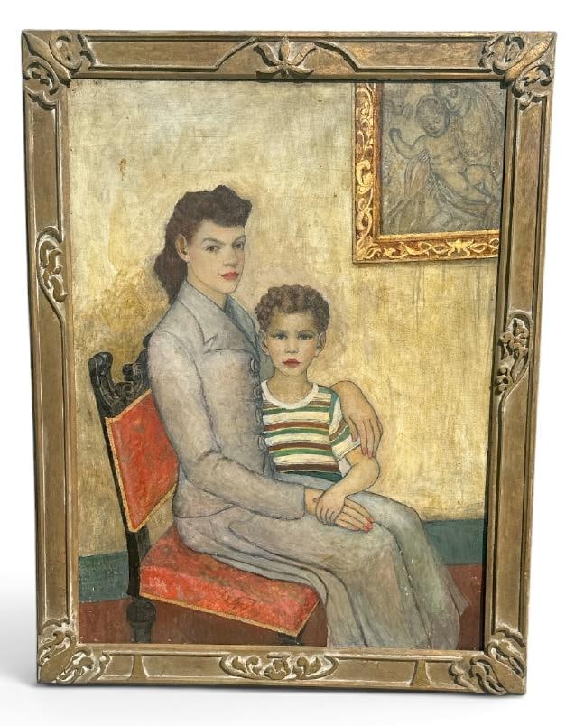 Franklin Zell Heuston ( 1880-1966 ) large o/b titled ( GWENDOLYN & PAUL ) hisDaughter in Law and: Franklin Zell Heuston ( 1880-1966 ) large o/b titled ( GWENDOLYN & PAUL ) hisDaughter in Law and Grandson?..signed and dated illegibly lower left ( circa 1940's ), nice overall condition, in carved cu