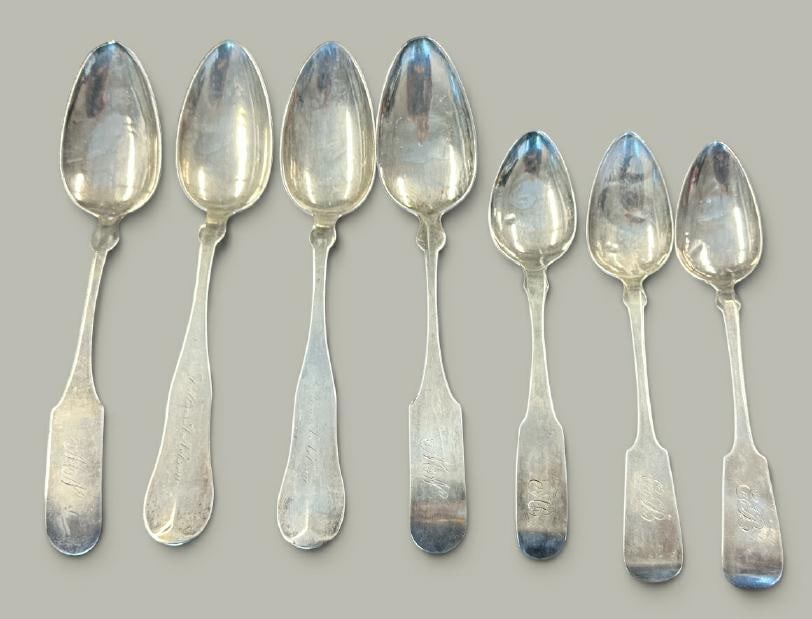 Lot of (7) early coin silver spoons, all with Makers Marks?..total weight is 7.99 troy (1 of 2)