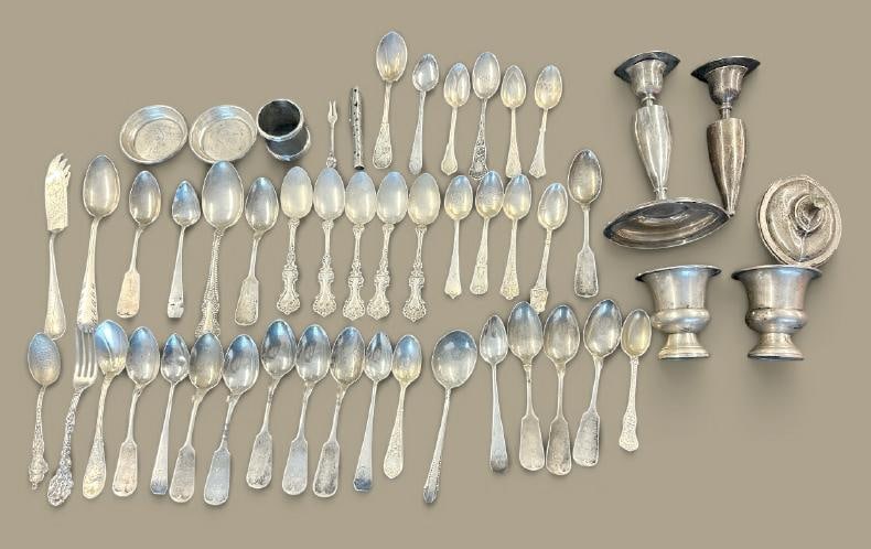Estate sterling silver lot to include many spoons, some souvenir, some fancy matching, napkin ring,: Estate sterling silver lot to include many spoons, some souvenir, some fancy matching, napkin ring, 2 small butter pats, fountain pen and (4) weighted pieces to include broken candlestick pair and pai