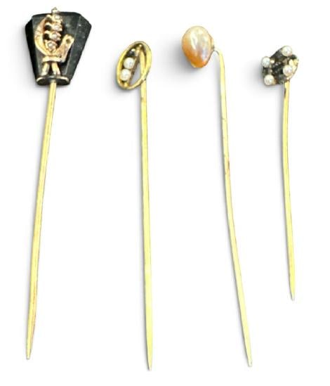 (4) stick pins, (1) marked 14K, others not, I think (2) may be low carat?..from local estate.: (4) stick pins, (1) marked 14K, others not, I think (2) may be low carat?..from local estate.