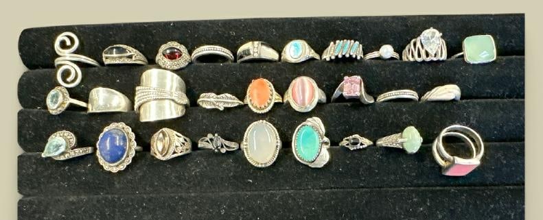 (28) sterling silver rings, most with stones, from home in the Hudson Valley, good lot for a dealer (1 of 2)