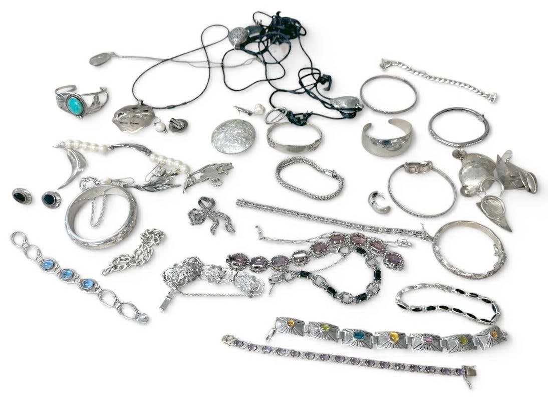 Estate lot of sterling silver jewelry, bracelets, pins, earrings, etc. Just as we found it, good lot (1 of 4)
