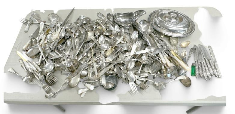 Big lot older silver plate utensils and related, also (6) fancy sterling handled knives and (1) (1 of 5)