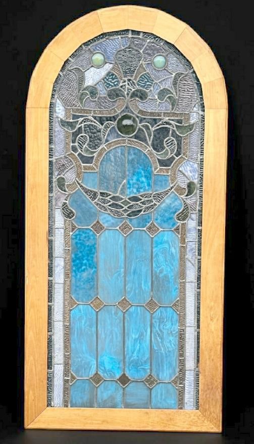 Wonderful 19th c tombstone shaped leaded glass stained window, in later frame, from fine estate in (1 of 4)