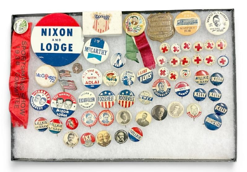 Estate lot of POLITICAL pinback buttons, and others, from estate in NYC, includes ROOSEVELT, WILKIE,: Estate lot of POLITICAL pinback buttons, and others, from estate in NYC, includes ROOSEVELT, WILKIE, ALTON PARKER, NIXON, KENNEDY, TAFT, etc. ( as pictured ). Good lot for a dealer or collector.