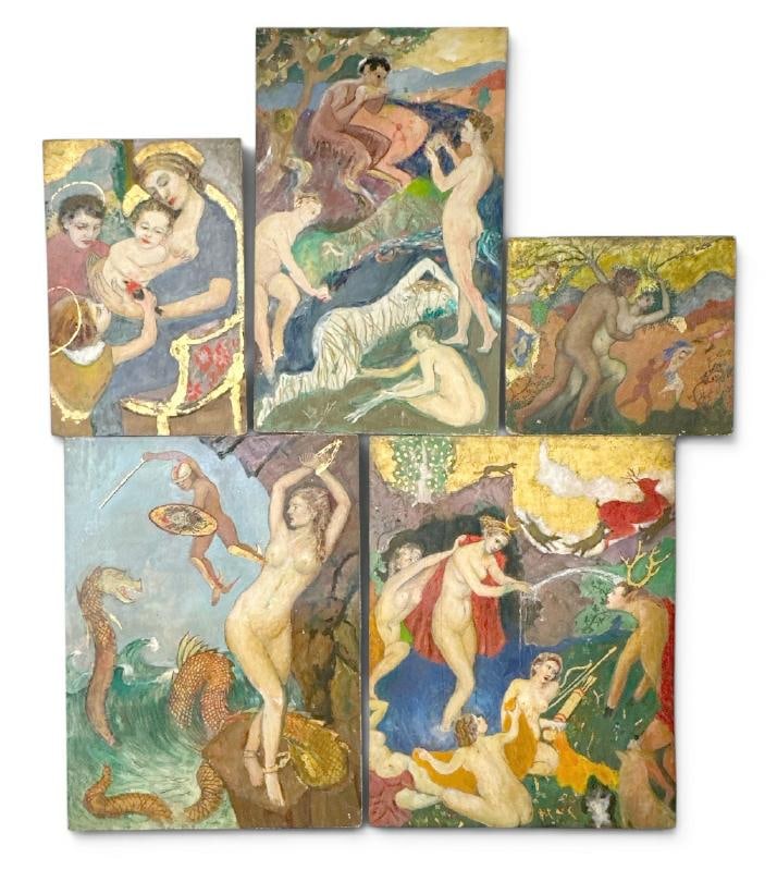 Franklin Zell Heuston ( 1880-1966 ) (5) large oil on board illustration like paintings, all circa: Franklin Zell Heuston ( 1880-1966 ) (5) large oil on board illustration like paintings, all circa 1930's to 40's, to show scale the largest measures 48" x 37.5". directly from the Artist's estate arch