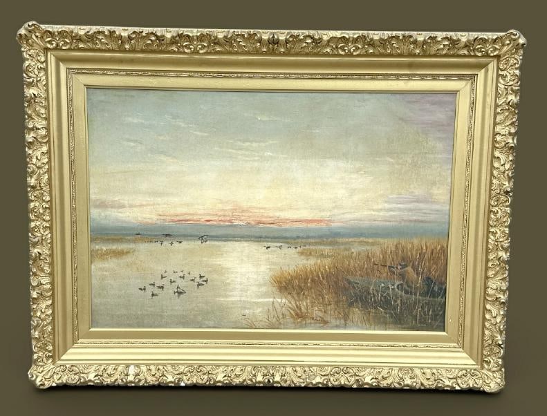Large 19th c o/c landscape signed ( KRAUS ), dated 1914 of Hunters duck hunting with illumnous sky (1 of 4)