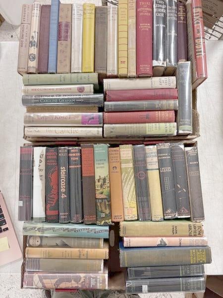 52 older hardcover books, mostly crime. Titles include The G-String Murders by Gypsy Rose Lee; Black (1 of 5)