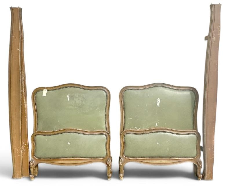 Pair vintage French Louis XV style single beds, headboards, footboards and rails. From fine NYC: Pair vintage French Louis XV style single beds, headboards, footboards and rails. From fine NYC apartment, headboards have wear to green leather coverings, as pictured, just how we got them.