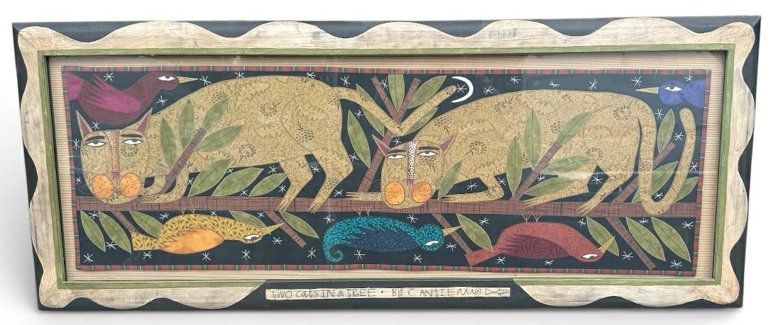 Chris Lee Roberts-Antieau ( b 1950 ) Mixed Media Fabric Applique, painting and embroidery on a: Chris Lee Roberts-Antieau ( b 1950 ) Mixed Media Fabric Applique, painting and embroidery on a wooden frame with painted title on frame ( TWO CATS IN A TREE ). Beautiful workmanship and detail?...The 
