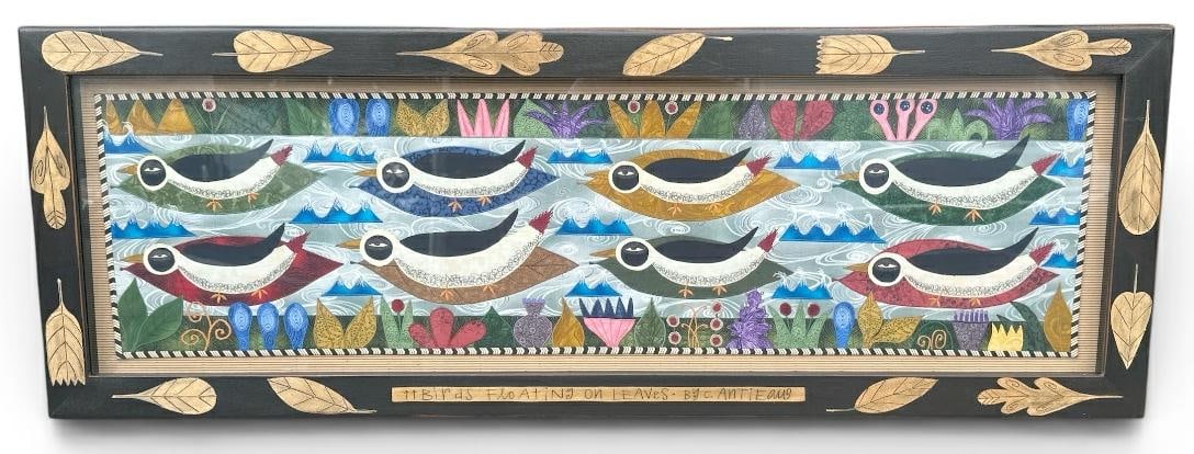 Chris Lee Roberts-Antieau (b 1950 ) Mixed Media Fabric Applique, painting and embroidery on a wooden: Chris Lee Roberts-Antieau (b 1950 ) Mixed Media Fabric Applique, painting and embroidery on a wooden frame with painted title on frame, titled ( BIRDS FLOATING ON LEAVES ), in handpainted frame, fine 