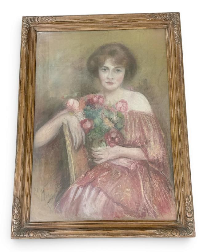 Wonderful circa 1930's pastel portrait of a Woman holding a bouquet of red roses, signed ( MIEN ): Wonderful circa 1930's pastel portrait of a Woman holding a bouquet of red roses, signed ( MIEN ) bottom left corner, in very nice carved frame of the period. Pastel measures 39" x 28", the frame meas