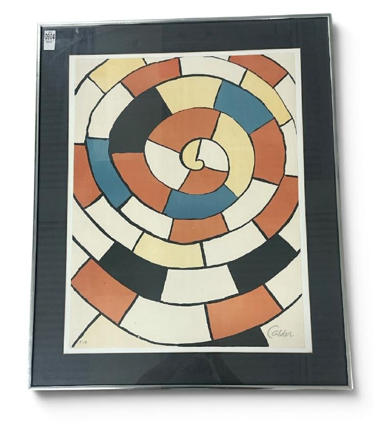 Alexander Calder attributed to pencil signed print titled ( SPIRAL ), pencil signed lower right: Alexander Calder attributed to pencil signed print titled ( SPIRAL ), pencil signed lower right corner, from fine estate in Hudson Valley who's collection we are selling. In metal frame of the period,
