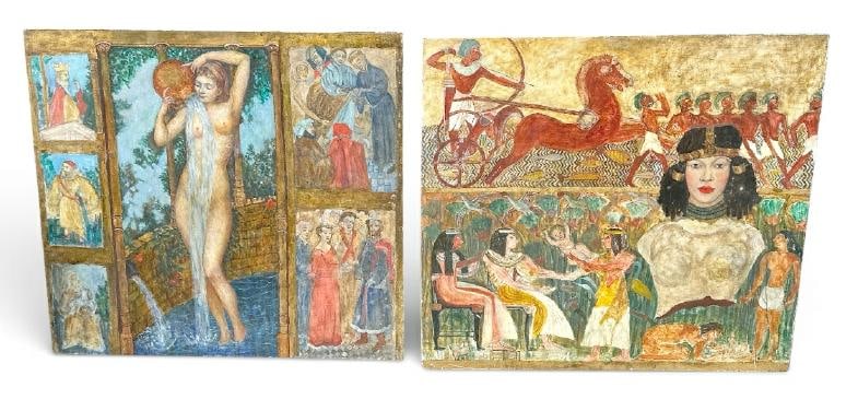 Franklin Zell Heuston ( 1880-1966 ) (2) circa 1930's or 50's illustration style paintings. One is: Franklin Zell Heuston ( 1880-1966 ) (2) circa 1930's or 50's illustration style paintings. One is Egyptian genre and other with nude Woman with figures on the sides, directly from the Artists estate a