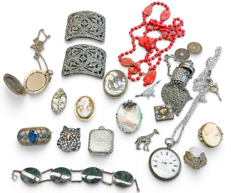Estate lot vintage jewelry, gold filled watch, buckles, pins, cameos, necklace, etc. Good lot for a (1 of 5)