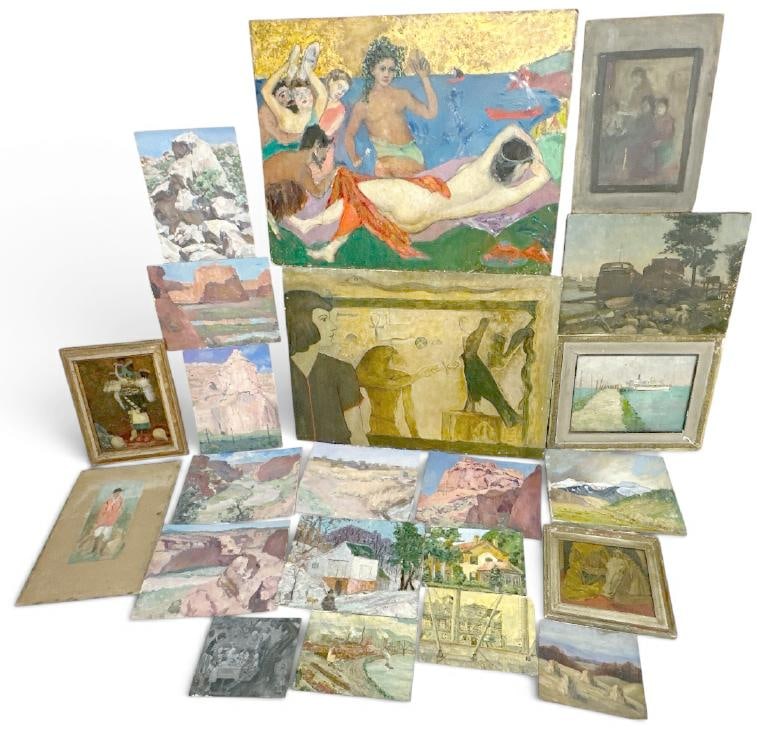 Franklin Zell Heuston (1880-1966 ) & George Heuston ( b 1906 ) lot of (22) oil on board paintings: Franklin Zell Heuston (1880-1966 ) & George Heuston ( b 1906 ) lot of (22) oil on board paintings directly from the elder Artist's estate, in storage for many years, selling for his (81) year old Gran