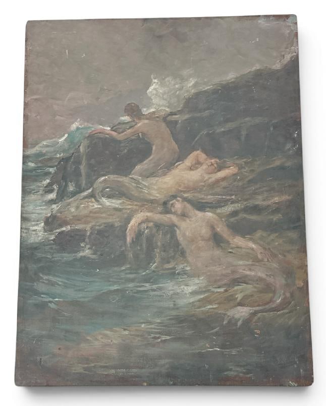 Impressionist o/wood panel of Ocean Nymphs or Mermaids, unsigned, circa 1900 or so, from estate of: Impressionist o/wood panel of Ocean Nymphs or Mermaids, unsigned, circa 1900 or so, from estate of Artist Franklin Zell Heuston. Wood panel measures 27" x 20".