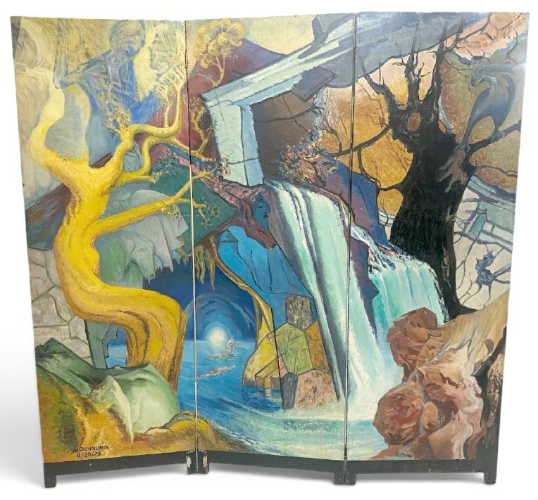 WOLFE OEHRLING ( 1901-1993 ) double sided scenic folding (3) part screen, dated 1978, (has one hole (1 of 2)