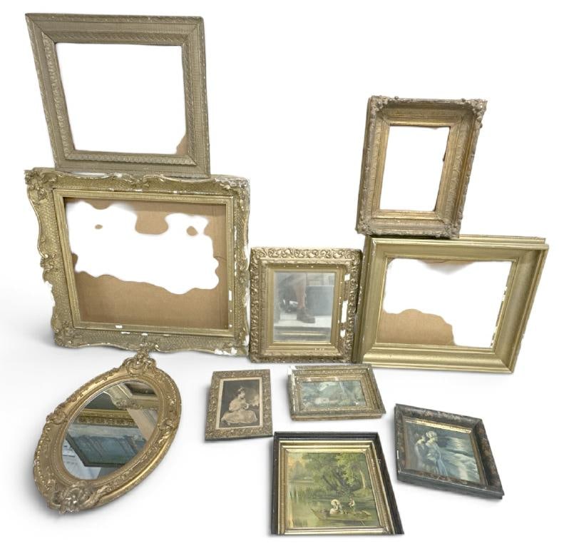 (10) as found, as is condition older frames, prints and an oval mirror, some with missing gesso, (1 of 1)