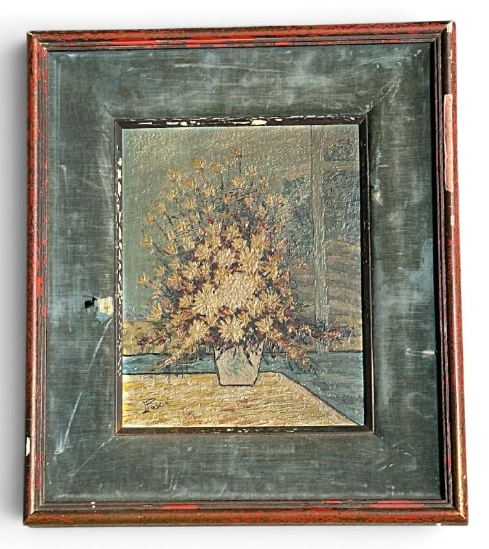 ( J PASCIN ) o/b floral still life, in need of cleaning, found in barn in local Hudson Valley: ( J PASCIN ) o/b floral still life, in need of cleaning, found in barn in local Hudson Valley property, signed as pictured lower left?..Painting measures 10" x 8", the frame measures 16" x 14". Just h