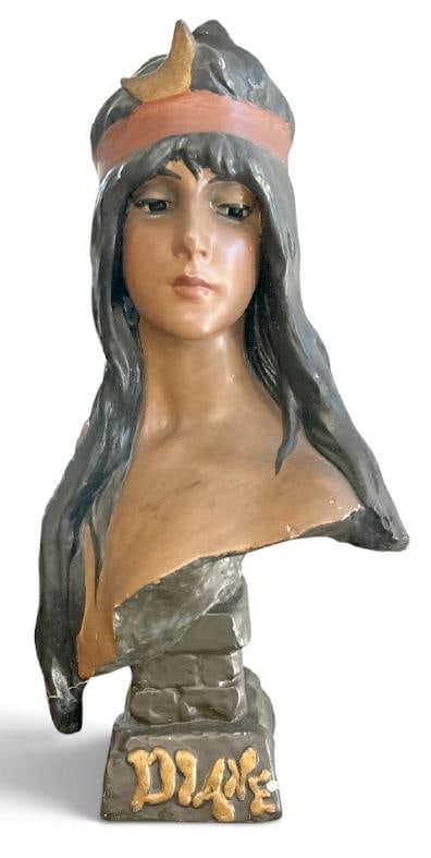 Art Nouveau bust of ( DIANE ) by French Sculptor Emmanuel Villanis, plaster, from local estate, has (1 of 6)