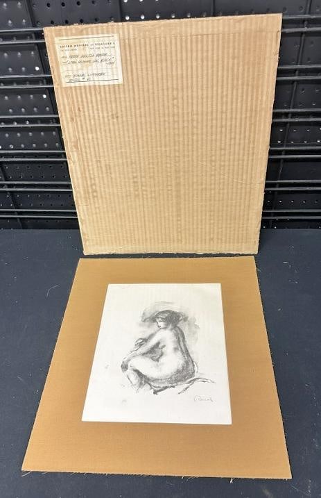 Pierre Auguste Renoir lithograph ( ETUDE DE FEMME NUE, ASSISE, 1904 ), with gallery label on: Pierre Auguste Renoir lithograph ( ETUDE DE FEMME NUE, ASSISE, 1904 ), with gallery label on backing. Image measures 13" x 10", nice found estate condition.