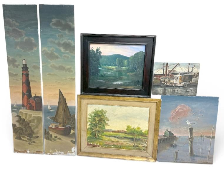 (6) oil on board paintings from a local estate, some signed, ( the 2 larger ones have paint loss at (1 of 5)